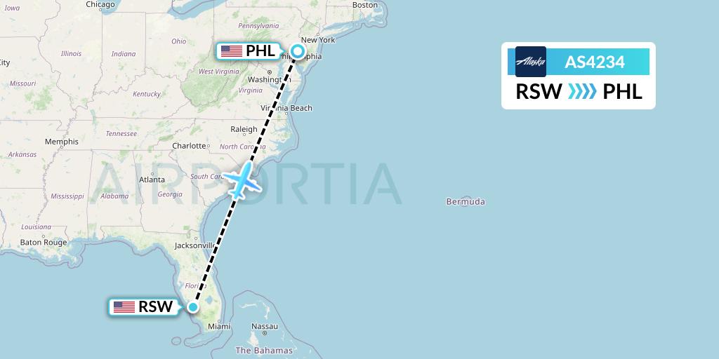 AS4234 Alaska Airlines Flight Map: Fort Myers to Philadelphia