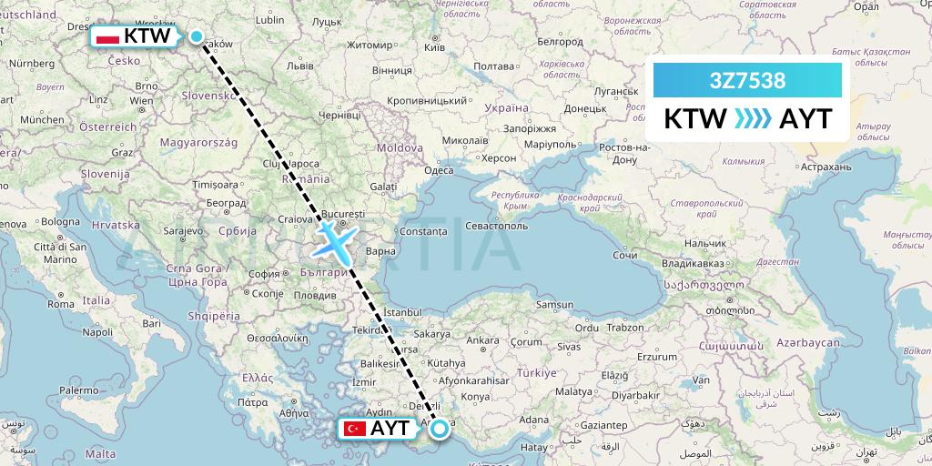 3Z7538 Travel Service Polska Flight Map: Katowice to Antalya