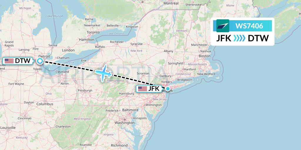 WS7406 WestJet Flight Map: New York to Detroit
