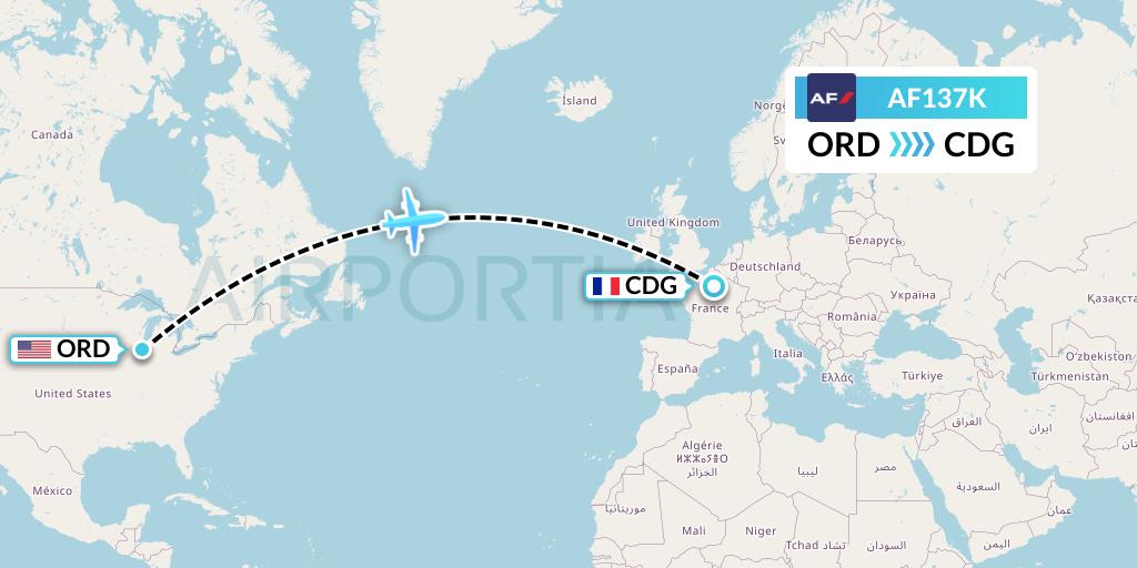 AF137K Air France Flight Map: Chicago to Paris