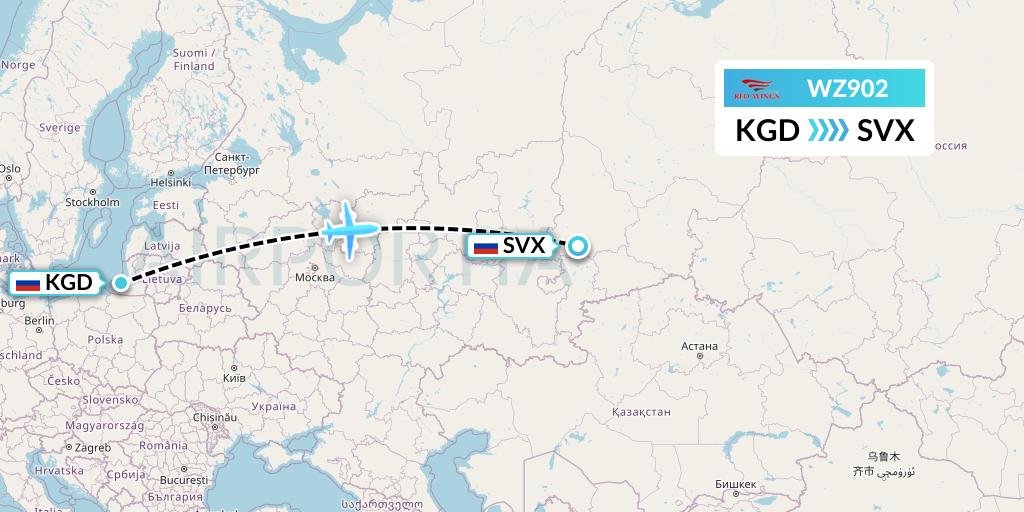 WZ902 Red Wings Flight Map: Kaliningrad to Yekaterinburg