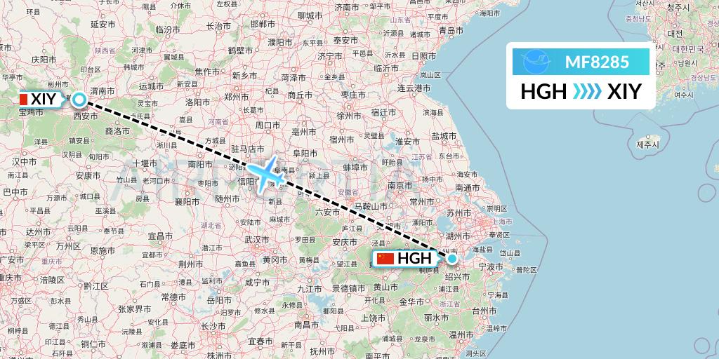 MF8285 Xiamen Airlines Flight Map: Hangzhou to Xi'an