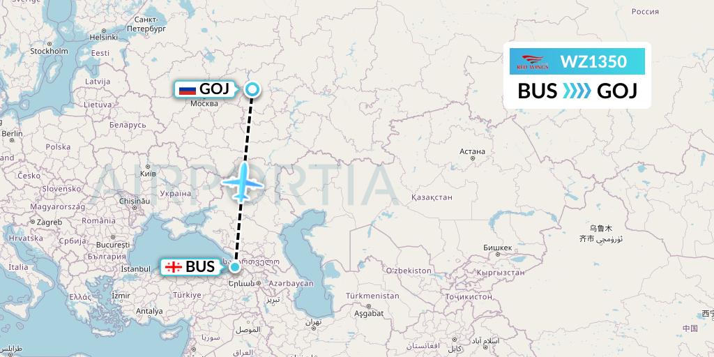 WZ1350 Red Wings Flight Map: Batumi to Nizhny Novgorod