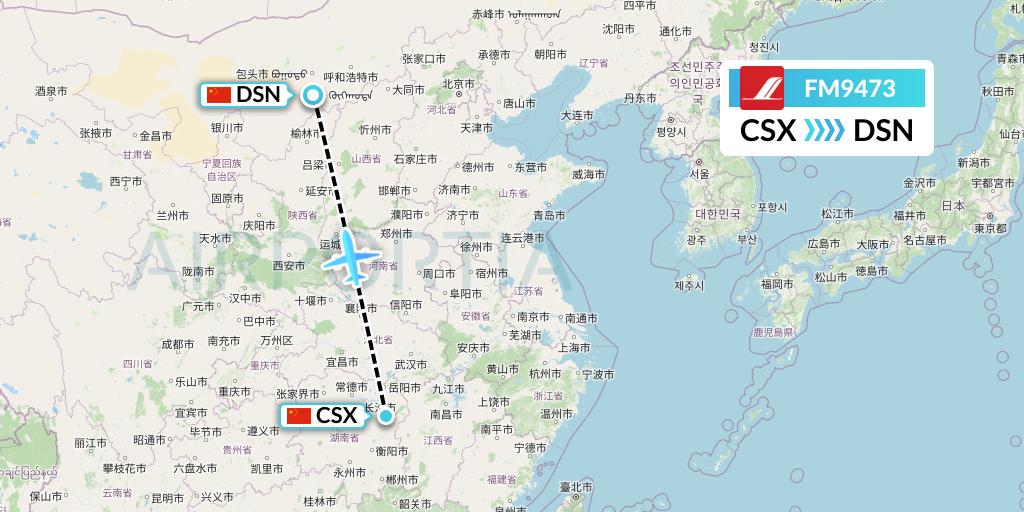 FM9473 Shanghai Airlines Flight Map: Changsha to Dongsheng