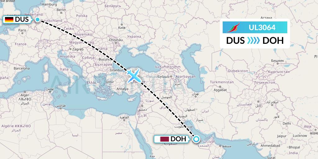 UL3064 SriLankan Airlines Flight Map: Dusseldorf to Doha