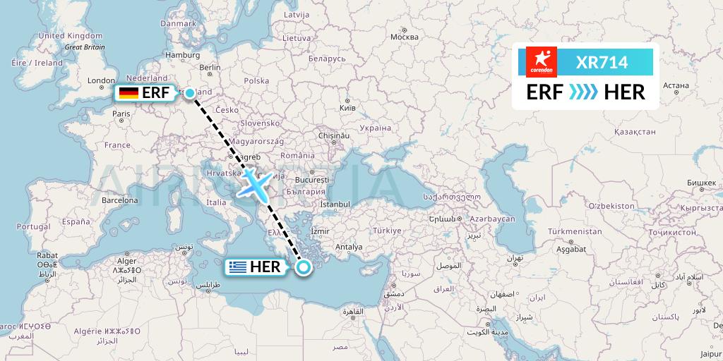 XR714 Corendon Airlines Europe Flight Map: Erfurt to Heraklion