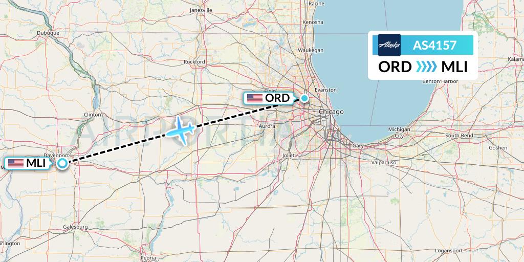 AS4157 Alaska Airlines Flight Map: Chicago to Moline