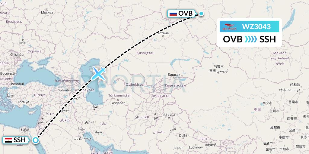 WZ3043 Red Wings Flight Map: Novosibirsk to Sharm el-Sheikh
