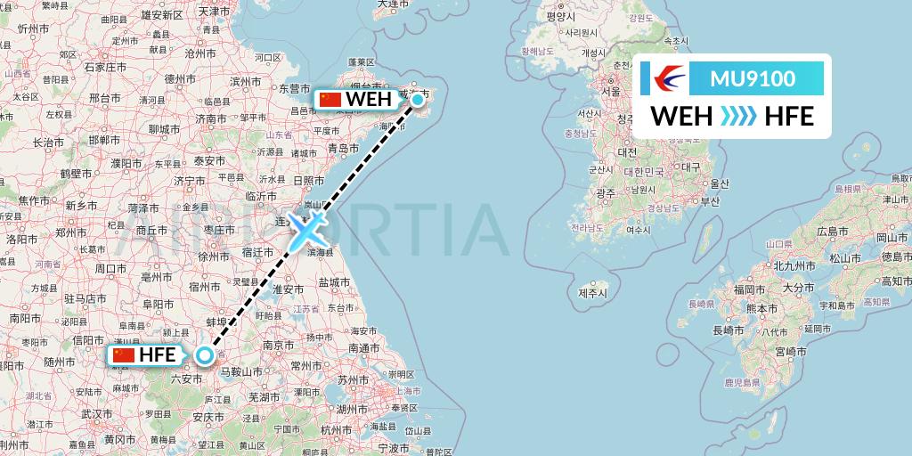MU9100 China Eastern Airlines Flight Map: Weihai to Hefei