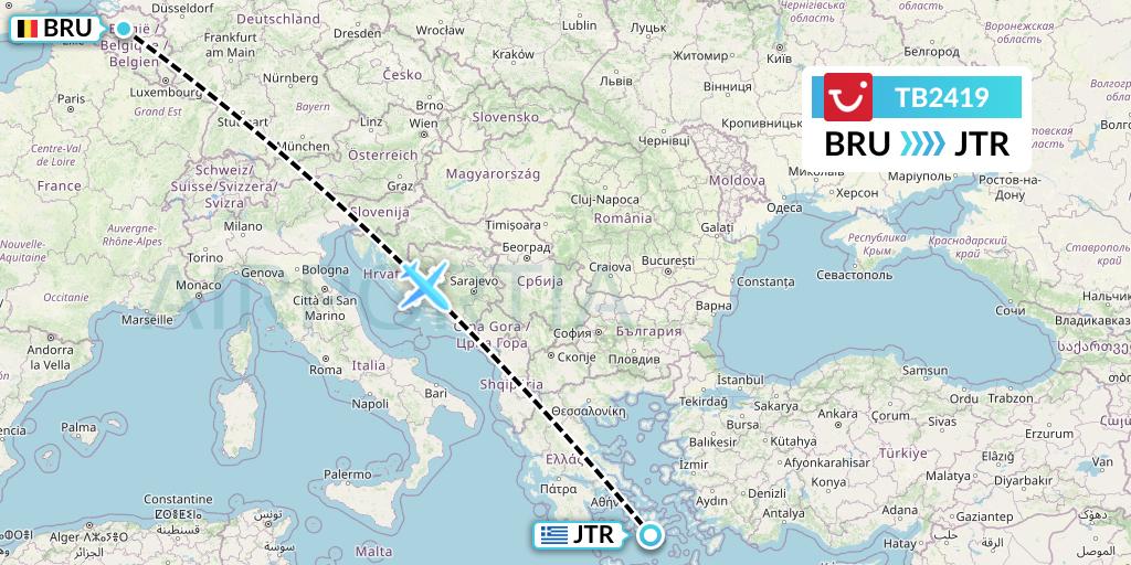 TB2419 TUI fly Belgium Flight Map: Brussels to Santorini