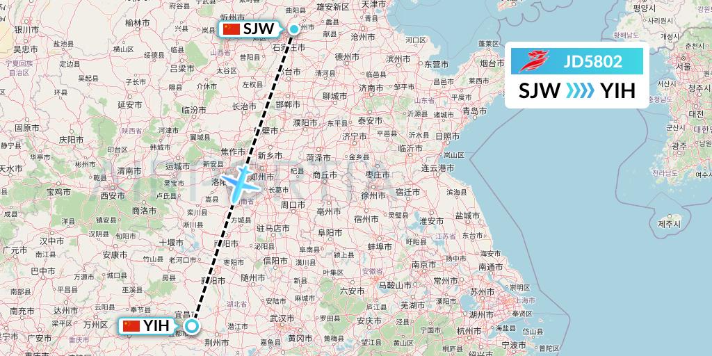 JD5802 Capital Airlines Flight Map: Shijiazhuang to Yichang