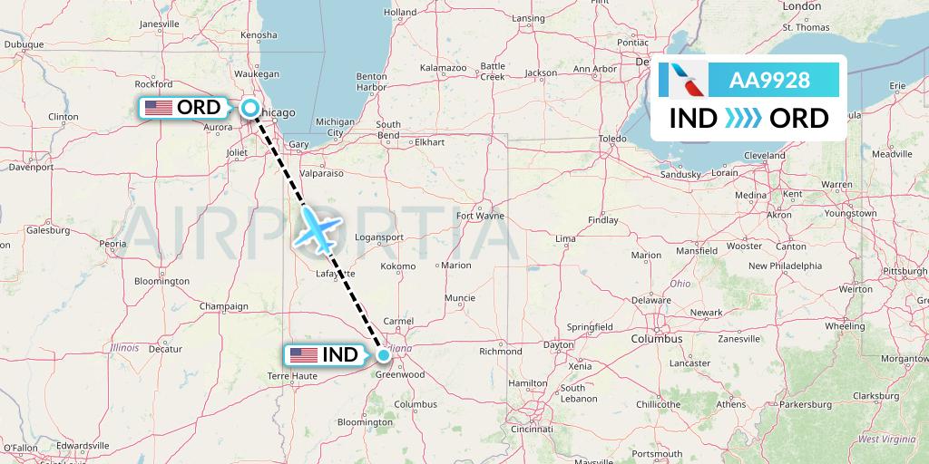 AA9928 American Airlines Flight Map: Indianapolis to Chicago