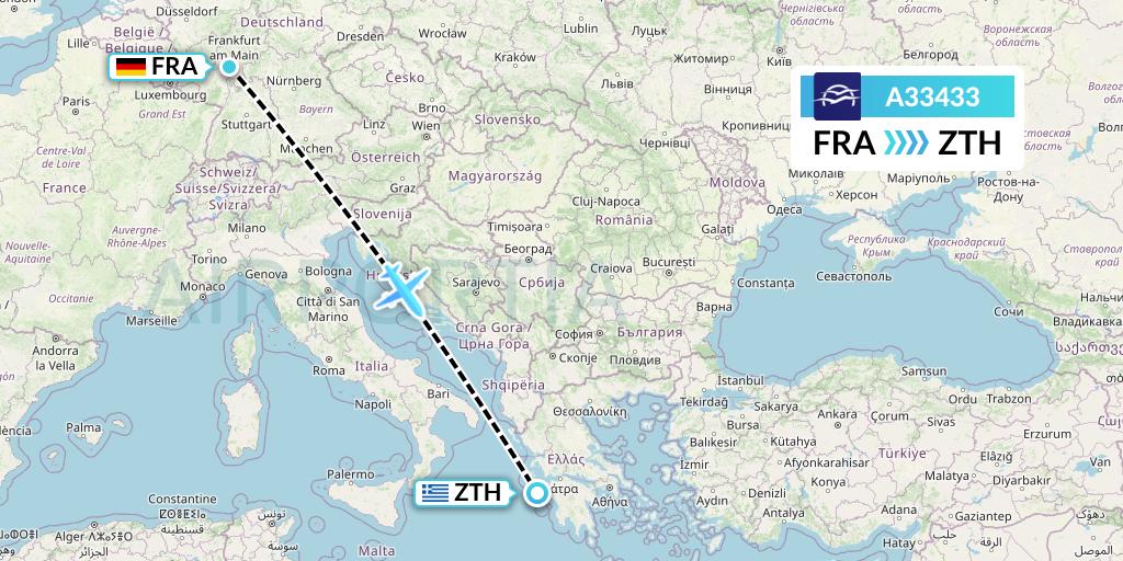 A33433 Aegean Airlines Flight Map: Frankfurt to Zakynthos