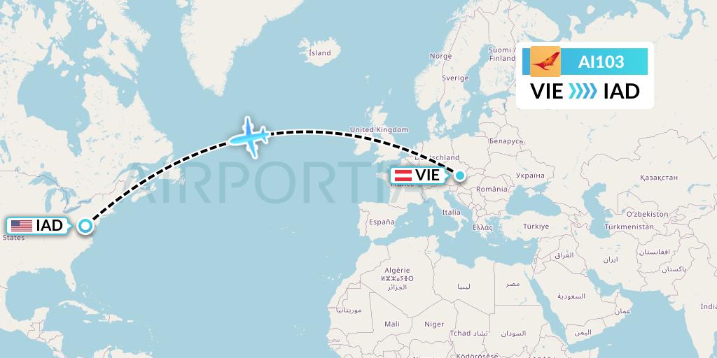AI103 Air India Flight Map: Vienna to Washington