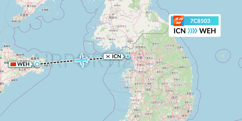 7C8503 Jeju Air Flight Map: Seoul to Weihai