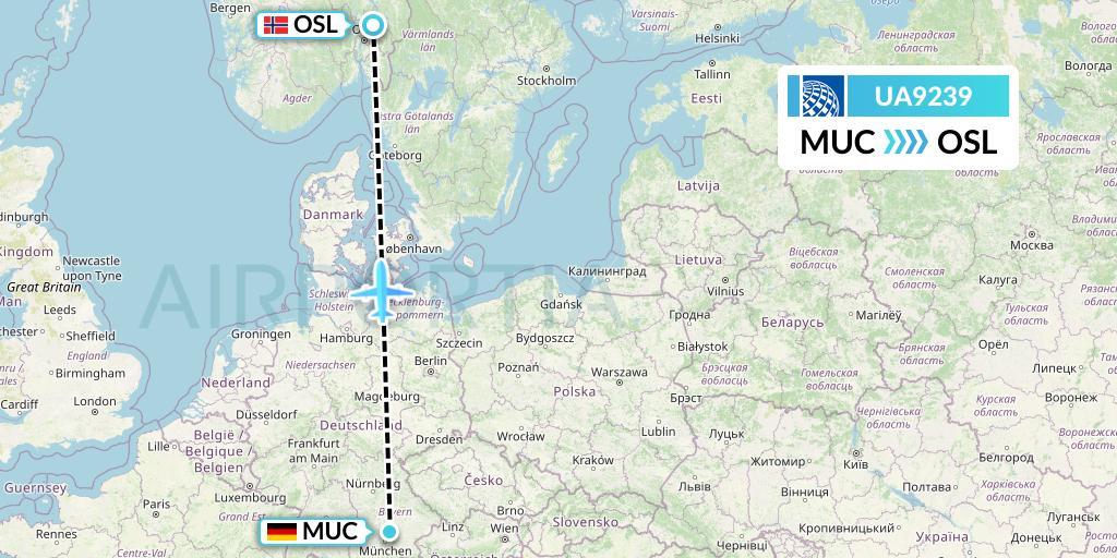 UA9239 United Airlines Flight Map: Munich to Oslo