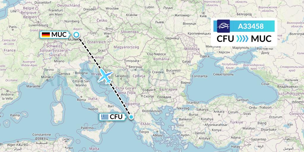A33458 Aegean Airlines Flight Map: Corfu to Munich