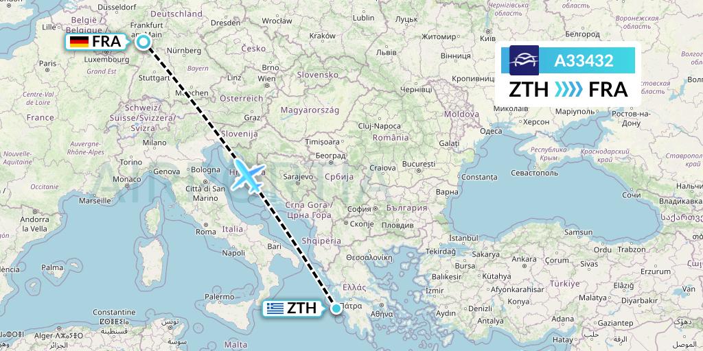 A33432 Aegean Airlines Flight Map: Zakynthos to Frankfurt