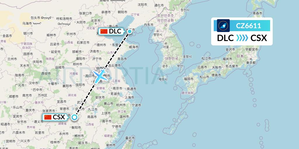 CZ6611 China Southern Airlines Flight Map: Dalian to Changsha