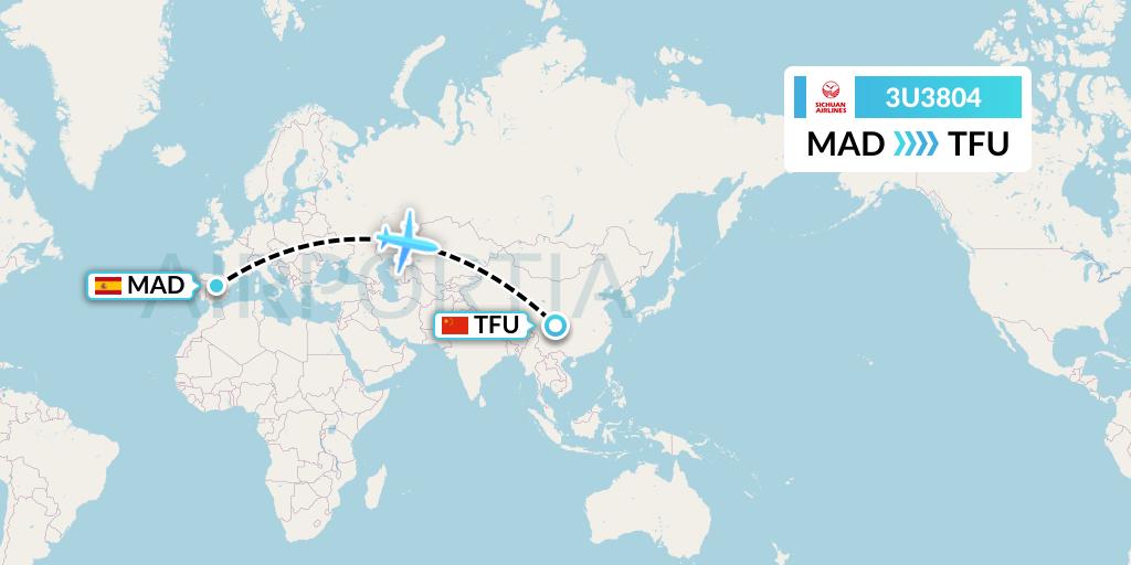 3U3804 Sichuan Airlines Flight Map: Madrid to Chengdu