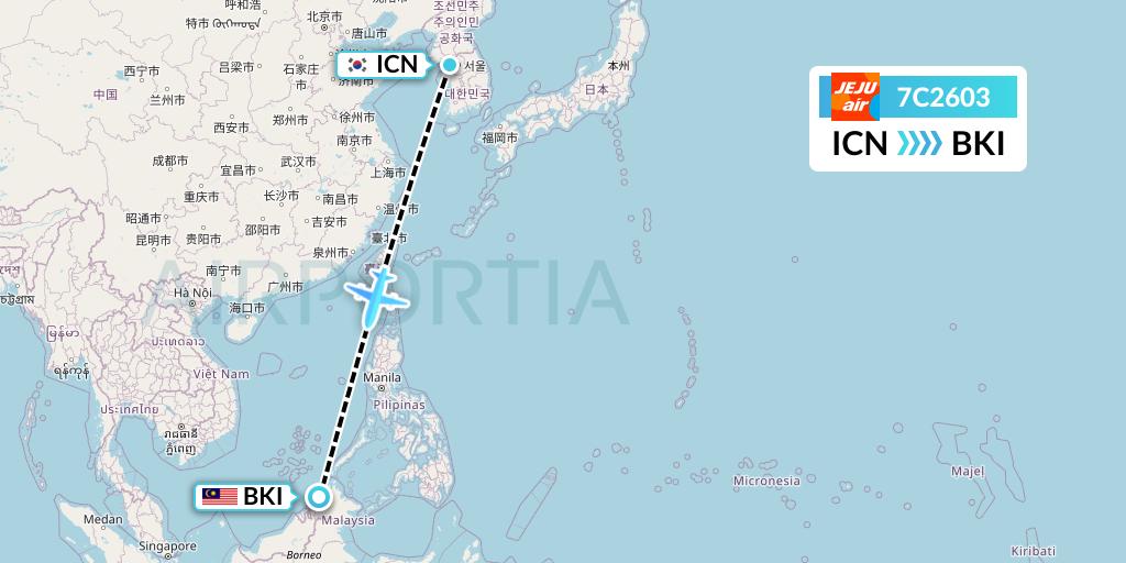 7C2603 Jeju Air Flight Map: Seoul to Kota Kinabalu