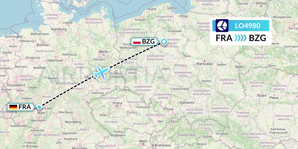 LO4980 LOT Flight Map: Frankfurt to Bydgoszcz