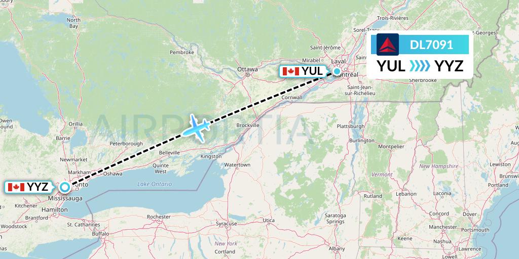 DL7091 Delta Air Lines Flight Map: Montreal to Toronto