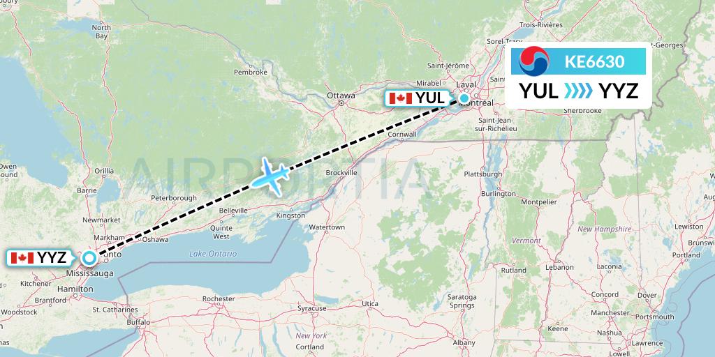 KE6630 Korean Air Flight Map: Montreal to Toronto