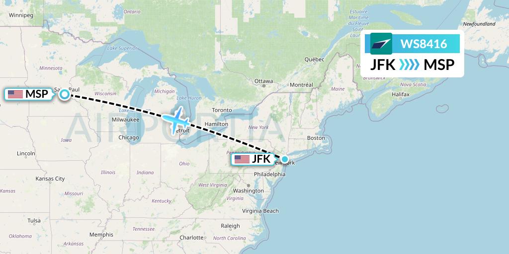 WS8416 WestJet Flight Map: New York to Minneapolis