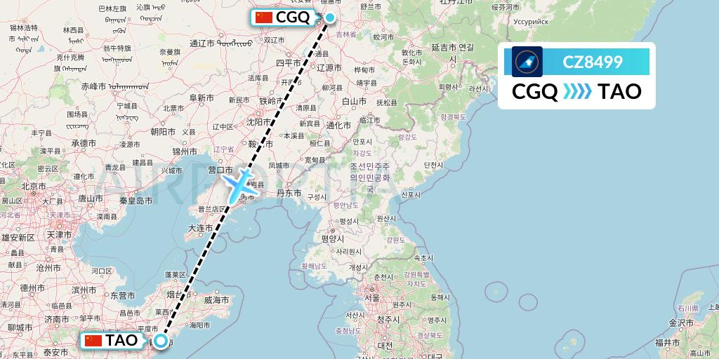 CZ8499 China Southern Airlines Flight Map: Changchun to Qingdao