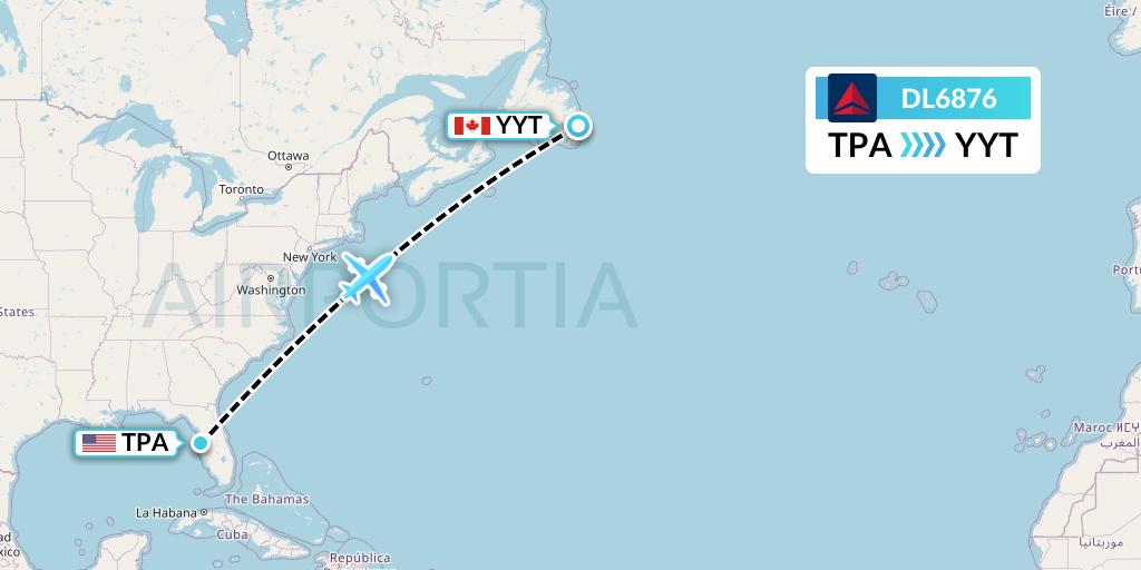 DL6876 Delta Air Lines Flight Map: Tampa to St. John's