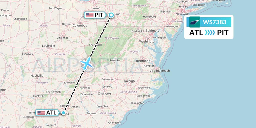 WS7383 WestJet Flight Map: Atlanta to Pittsburgh