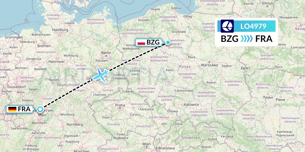 LO4979 LOT Flight Map: Bydgoszcz to Frankfurt