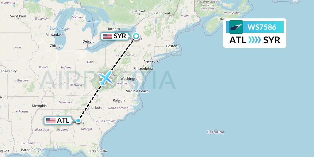WS7586 WestJet Flight Map: Atlanta to Syracuse