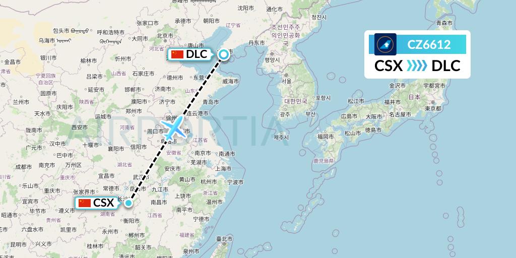 CZ6612 China Southern Airlines Flight Map: Changsha to Dalian