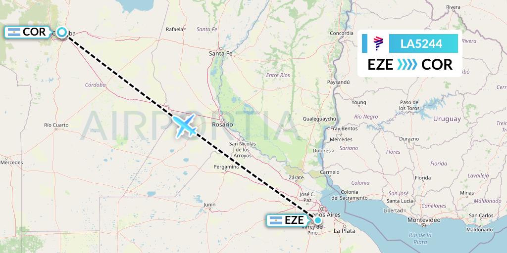 LA5244 LAN Airlines Flight Map: Buenos Aires to Cordoba