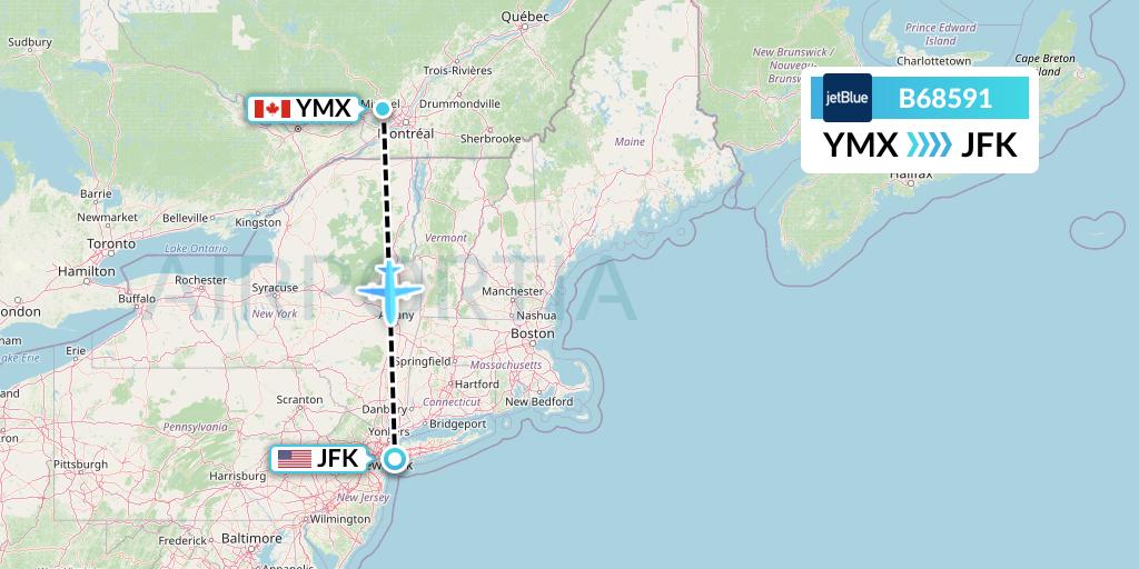B68591 JetBlue Airways Flight Map: Montreal to New York