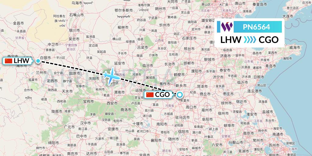 PN6564 China West Air Flight Map: Lanzhou to Zhengzhou