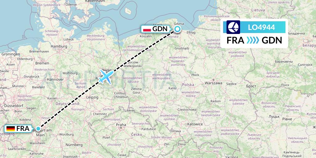 LO4944 LOT Flight Map: Frankfurt to Gdansk