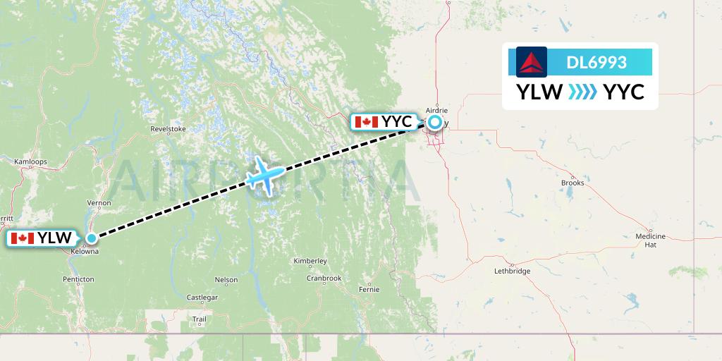 DL6993 Delta Air Lines Flight Map: Kelowna to Calgary