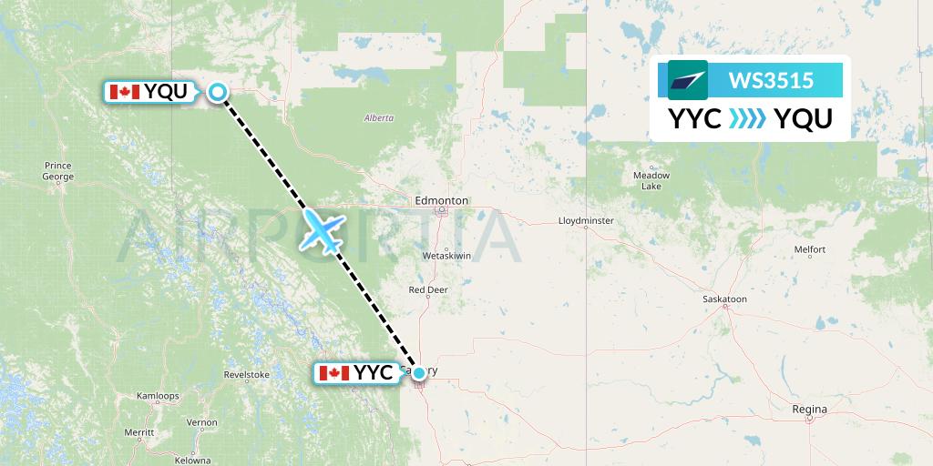 WS3515 WestJet Flight Map: Calgary to Grande Prairie