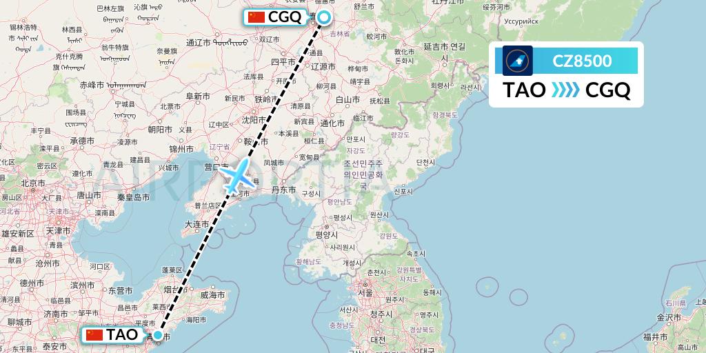 CZ8500 China Southern Airlines Flight Map: Qingdao to Changchun