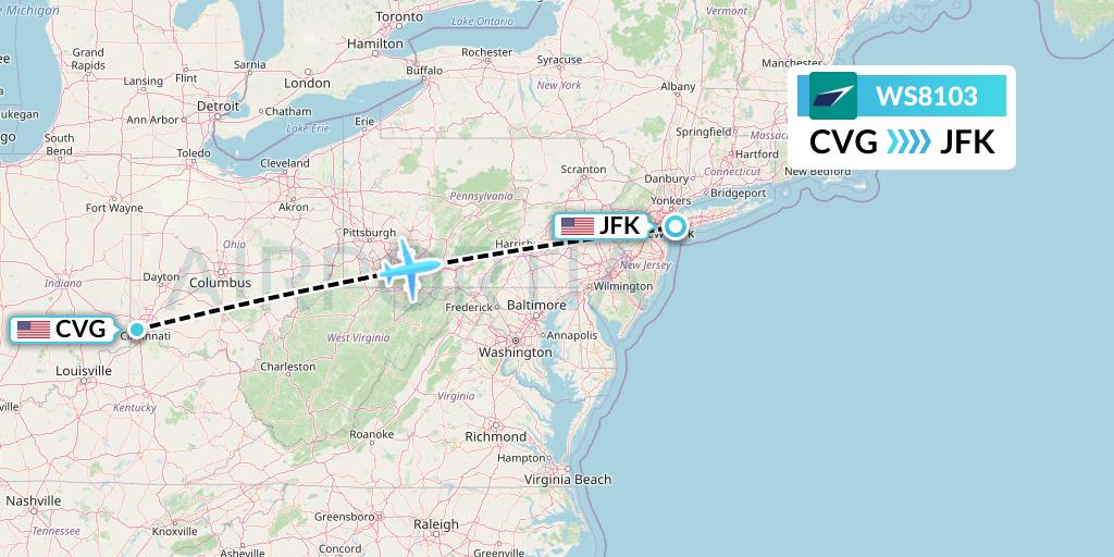 WS8103 WestJet Flight Map: Cincinnati to New York