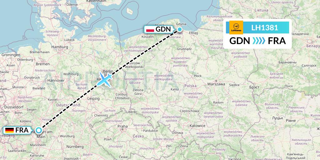 LH1381 Lufthansa Flight Map: Gdansk to Frankfurt
