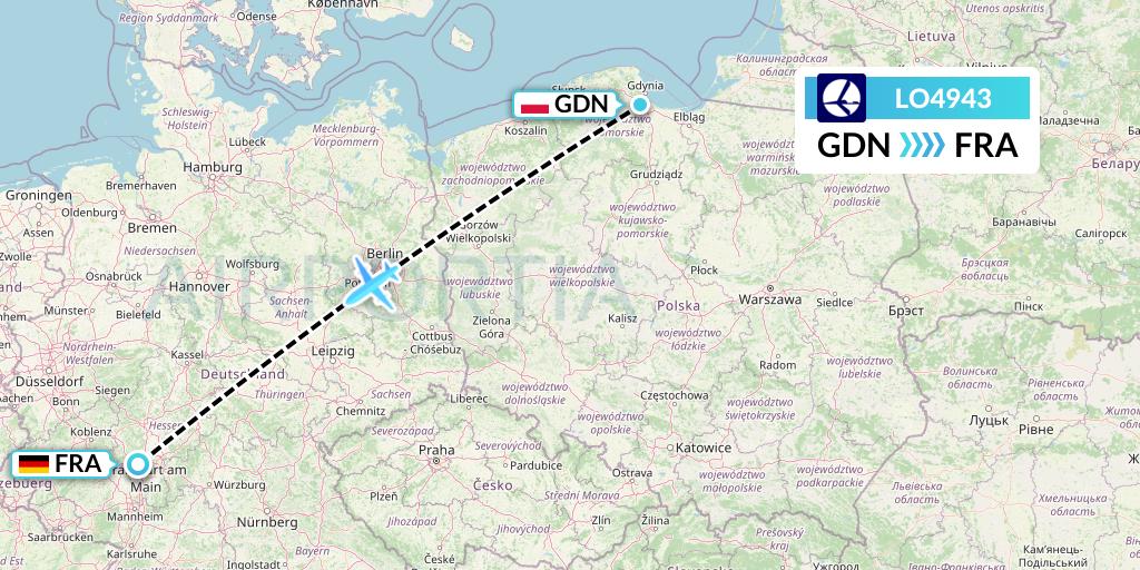 LO4943 LOT Flight Map: Gdansk to Frankfurt