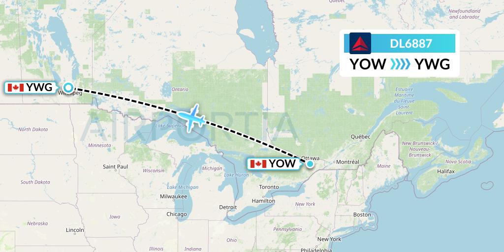 DL6887 Delta Air Lines Flight Map: Ottawa to Winnipeg