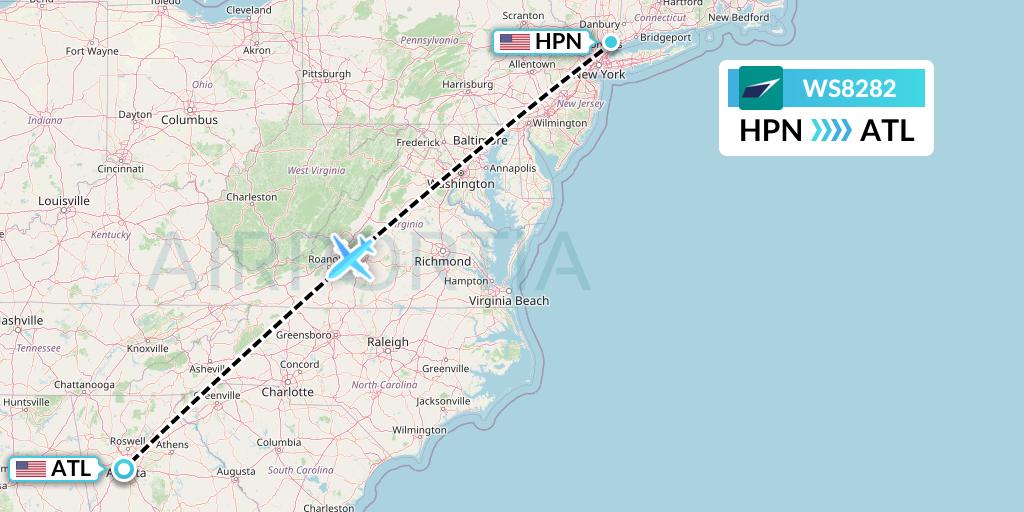 WS8282 WestJet Flight Map: White Plains to Atlanta