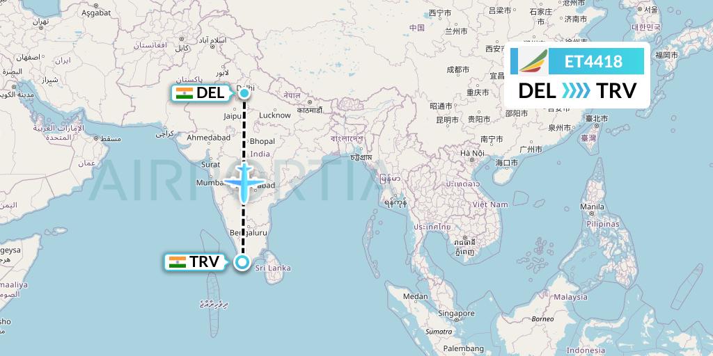 ET4418 Ethiopian Airlines Flight Map: Delhi to Thiruvananthapuram