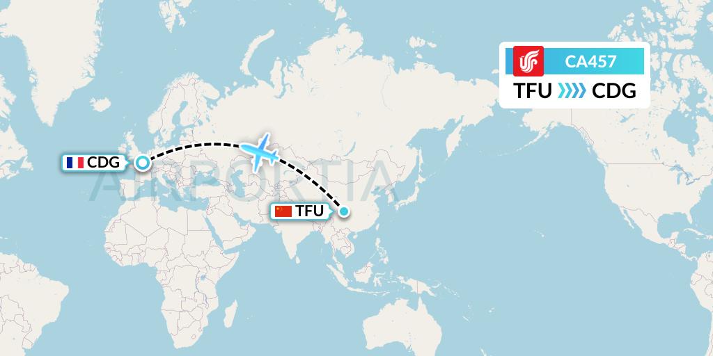 CA457 Air China Flight Map: Chengdu to Paris