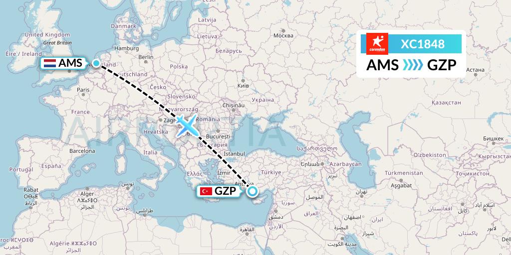 XC1848 Corendon Airlines Flight Map: Amsterdam to Gazipasa